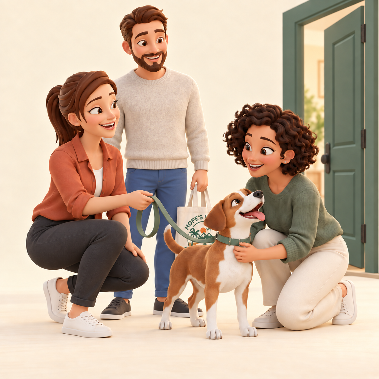 Hope and Levon helping a happy rescue dog meet their new adopter