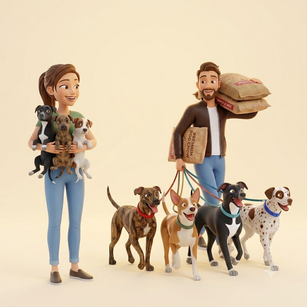 Cartoon of Hope and Levon volunteering — holding rescue dogs and carrying bags of dog food, with leashed dogs at their side