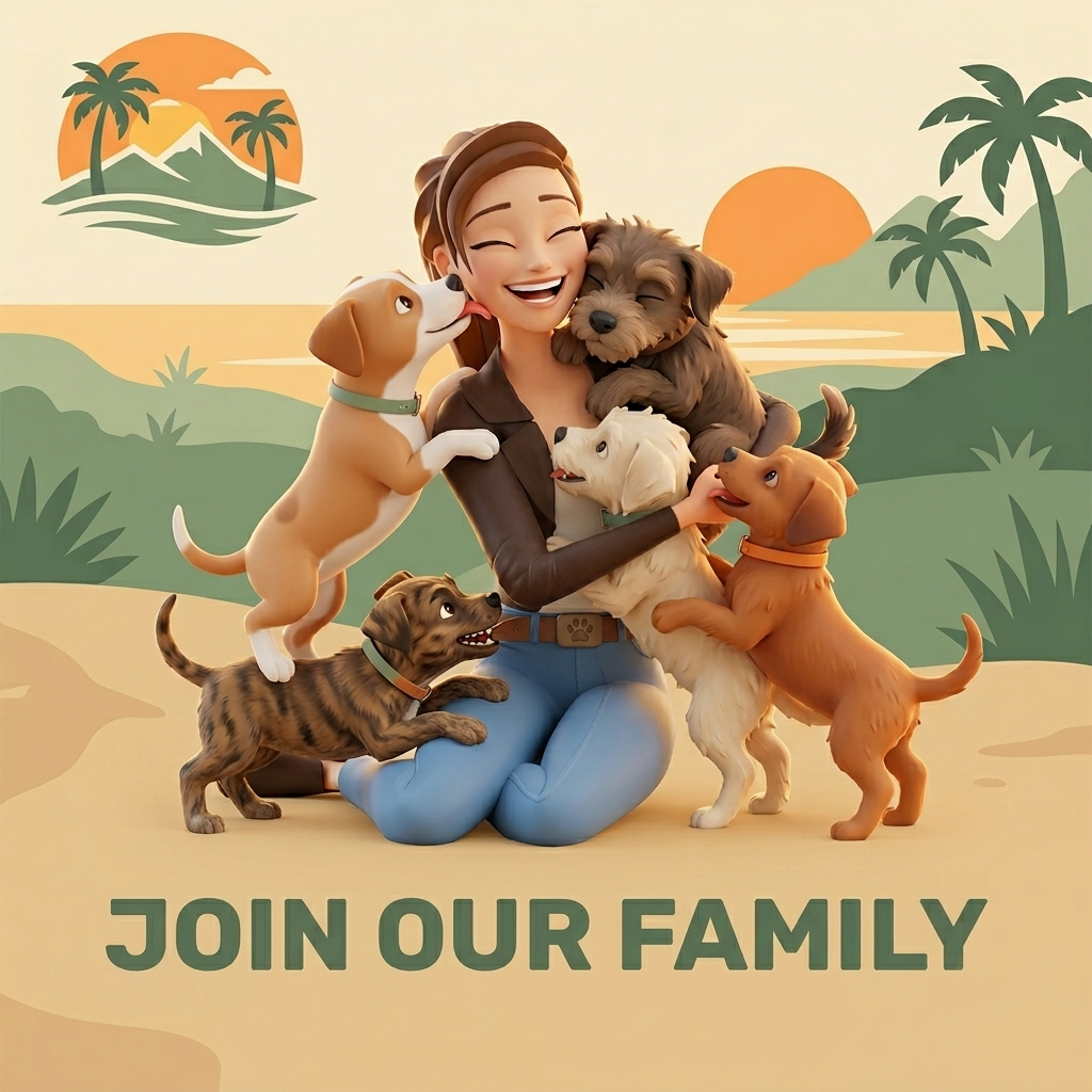 Cartoon of Hope kneeling with five playful puppies on a Caribbean beach